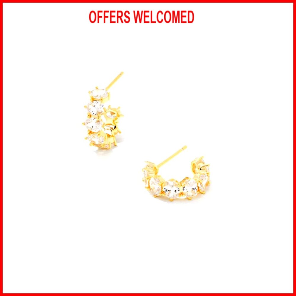 Gold Crystal Huggie Hoop Earrings, 0.53" Diameter, Dainty Jewelry